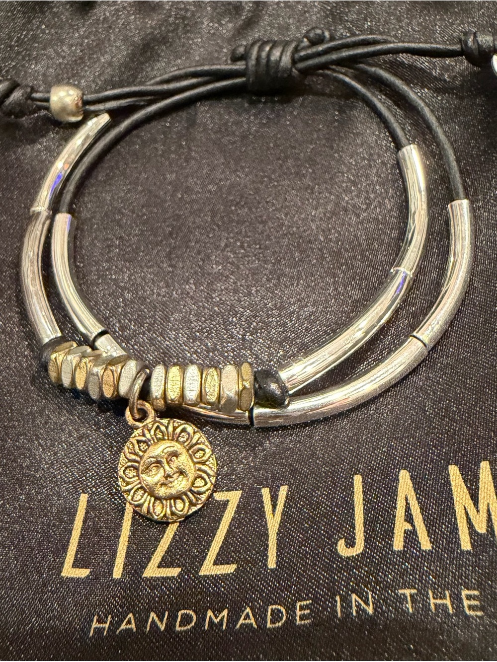 Lizzy James Gold Sun Charm and Silver Tube Bracelet